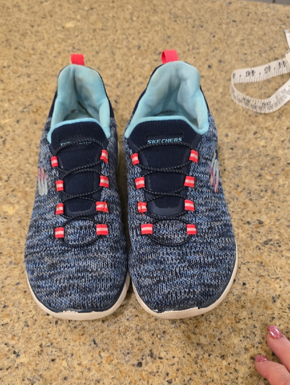 Skechers Kids Navy Knit Slip-On Sneakers with Pink Tabs